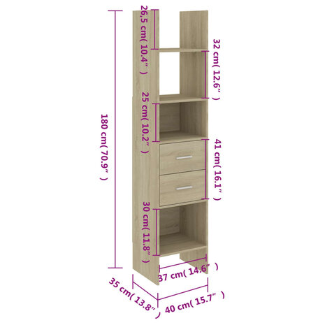 Boekenkast 40x35x180 cm bewerkt hout sonoma eikenkleurig 8720286352748 8