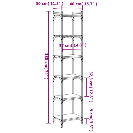 Boekenkast 6-laags 40x30x188 cm bewerkt hout bruineikenkleurig 8721012194281 9