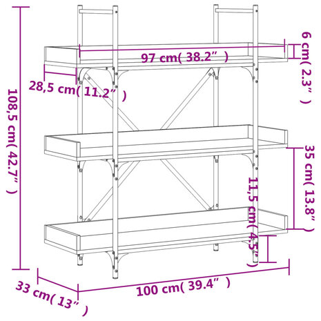 Boekenkast 3-laags 100x33x108,5 cm bewerkt hout sonoma eiken 8721012194700 9