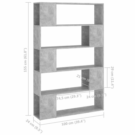 Boekenkast/kamerscherm 100x24x155 cm spaanplaat betongrijs 8720286651575 7