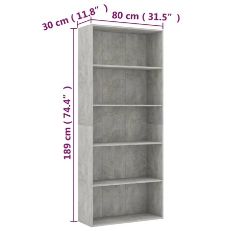 Boekenkast met 5 schappen 80x30x189 cm bewerkt hout betongrijs 8719883816258 6