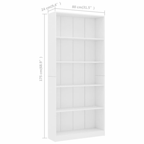 Boekenkast met 5 schappen 80x24x175 cm bewerkt hout wit 8719883815312 6