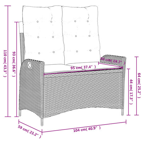 Tuinbankje verstelbaar met kussens poly rattan bruin 8721012450547 10