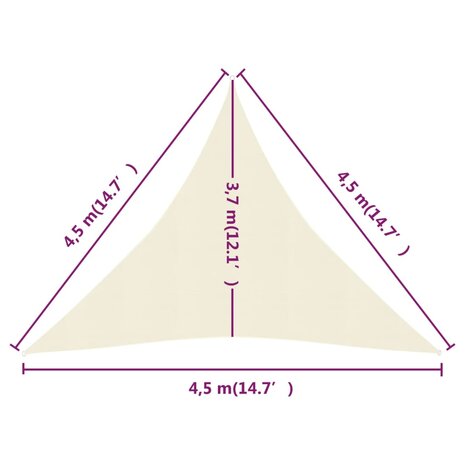 Zonnezeil 160 g/m² 4,5x4,5x4,5 m HDPE crèmekleurig 8720286097687 6