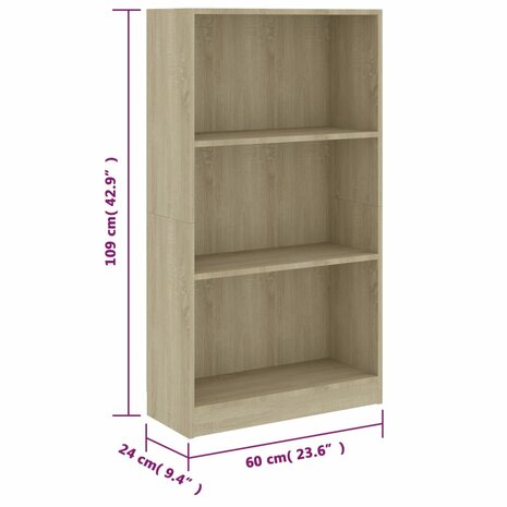 Boekenkast met 3 schappen 60x24x109 cm bewerkt hout sonoma eik 8719883787718 6