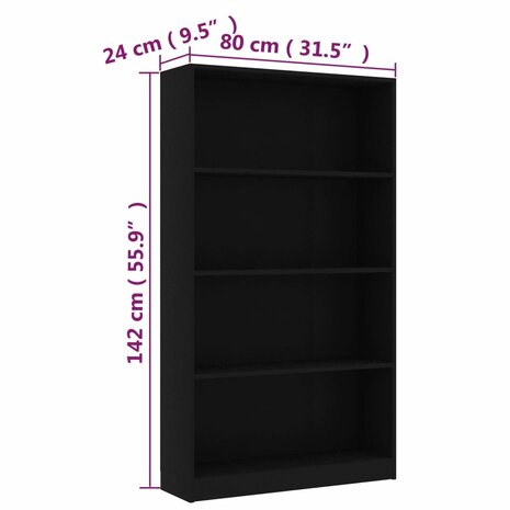 Boekenkast met 4 schappen 80x24x142 cm bewerkt hout zwart 8719883815237 6