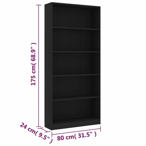 Boekenkast met 5 schappen 80x24x175 cm bewerkt hout zwart 8719883815329 6