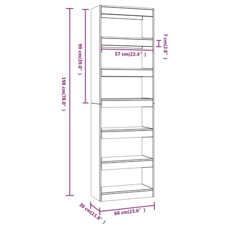 Boekenkast/kamerscherm 60x30x198 cm grijs sonoma eikenkleurig 8720286844434 7