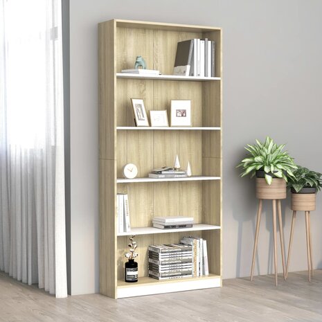 Boekenkast met 5 schappen 80x24x175cm bewerkt hout wit en eiken 8719883815367 1