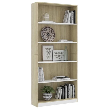 Boekenkast met 5 schappen 80x24x175cm bewerkt hout wit en eiken 8719883815367 3