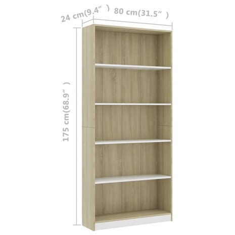 Boekenkast met 5 schappen 80x24x175cm bewerkt hout wit en eiken 8719883815367 6