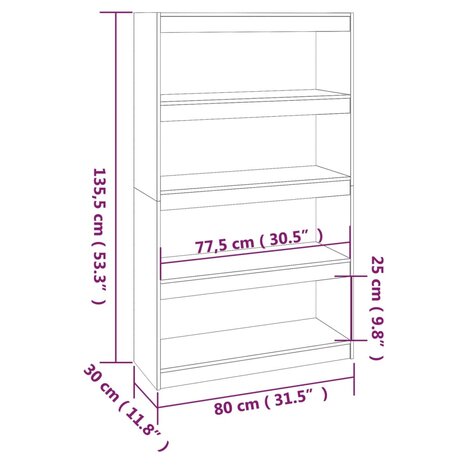 Boekenkast/kamerscherm 80x30x135,5 cm grenenhout honingbruin 8720286608968 8