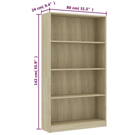 Boekenkast met 4 schappen 80x24x142 cm bewerkt hout sonoma eik 8719883815251 6