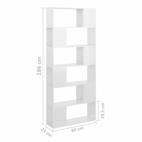 Boekenkast/kamerscherm 80x24x186 cm spaanplaat hoogglans wit 8720286651148 7