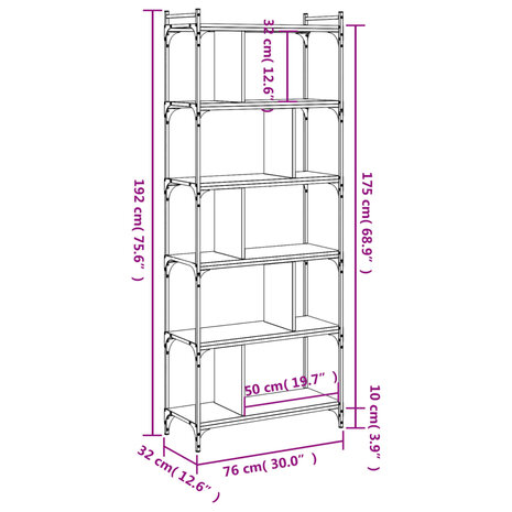 Boekenkast 6-laags 76x32x192 cm bewerkt hout grijs sonoma 8720845418991 9