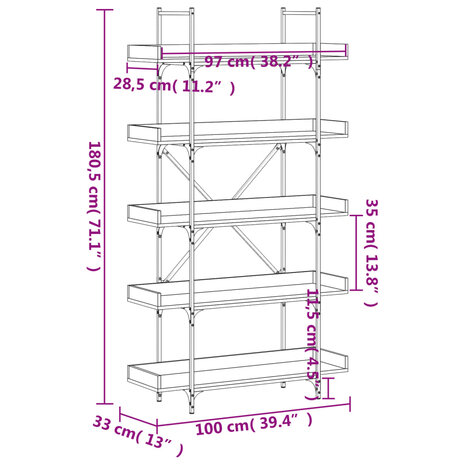 Boekenkast 5-laags 100x33x180,5 cm bewerkt hout sonoma eiken 8721012194809 9