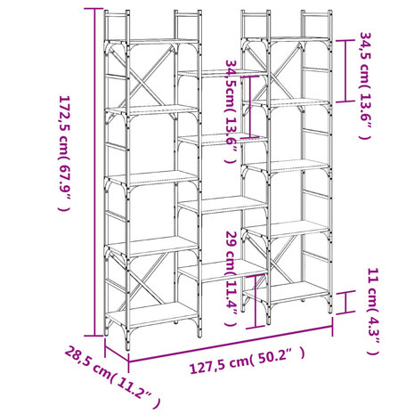 Boekenkast 127,5x28,5x172,5 cm bewerkt hout grijs sonoma eiken 8721012339224 10