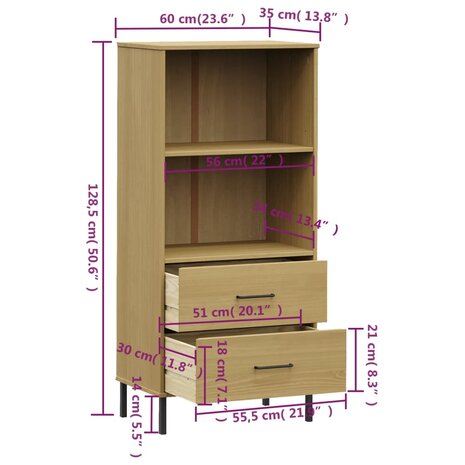 Boekenkast met 2 lades OSLO 60x35x128,5 cm massief hout bruin 8720845578176 8