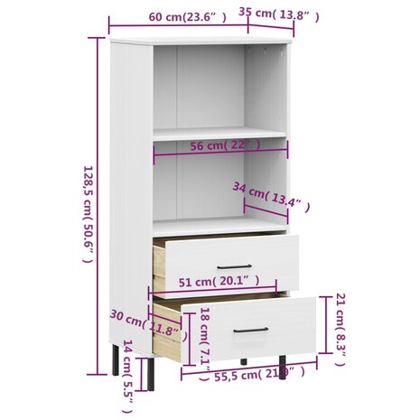 Boekenkast met 2 lades OSLO 60x35x128,5 cm massief hout wit 8720845578190 8