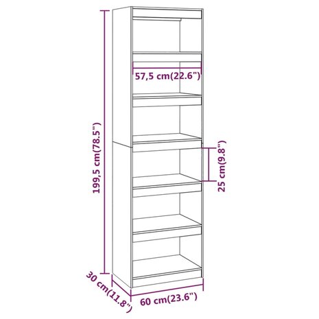 Boekenkast/kamerscherm 60x30x199,5 cm massief grenenhout 8720286608784 8