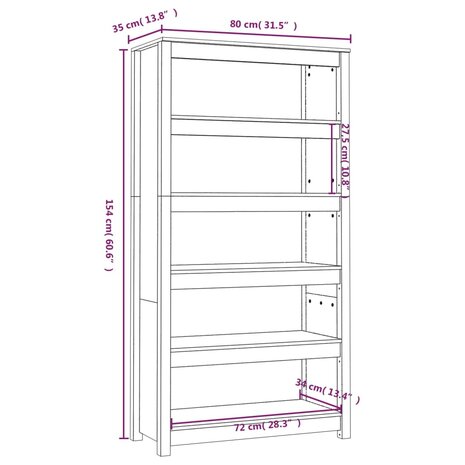 Boekenkast 80x35x154 cm massief grenenhout wit 8720845556419 8