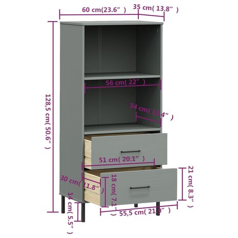 Boekenkast met 2 lades OSLO 60x35x128,5 cm massief hout grijs 8720845578183 8