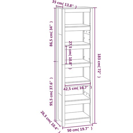 Boekenkast 50x35x183 cm massief grenenhout grijs 8720845556723 8