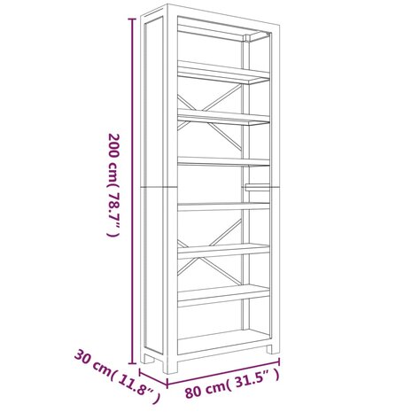 Boekenkast met 7 schappen 80x30x200 cm massief acaciahout 8720287125259 8