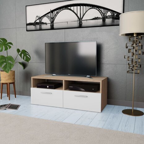 Tv-meubel 95x35x36 cm bewerkt hout eikenkleurig en wit 8718475583721 1