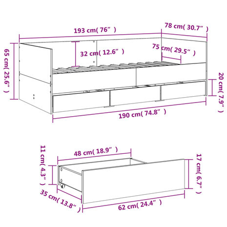 Slaapbank met lades 75x190 cm bewerkt hout wit 8721102624858 10