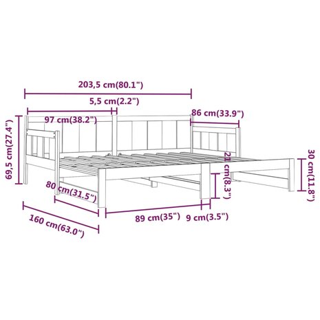 Slaapbank uitschuifbaar massief grenenhout zwart 2x(80x200) cm 8720287072690 12