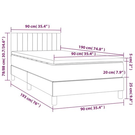 Boxspring met matras en LED stof lichtgrijs 90x190 cm 8720287368014 8