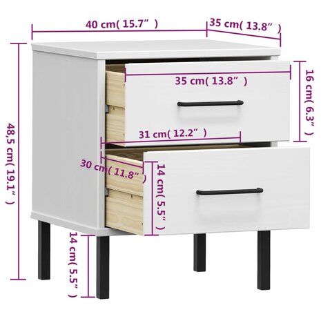 Nachtkastje met metalen poten OSLO massief grenenhout wit 8720845577834 8