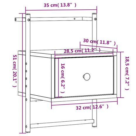 Nachtkastje wandgemonteerd 35x30x51 cm hout bruin eikenkleur 8720845916145 10