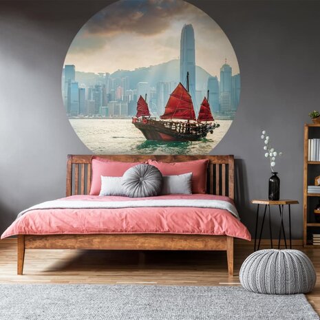 WallArt Behangcirkel Skyline with Junk Boat 142,5 cm 8719992629015 3