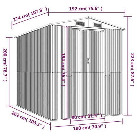 Tuinschuur 192x274x223 cm gegalvaniseerd staal lichtgrijs 8720845581992 8