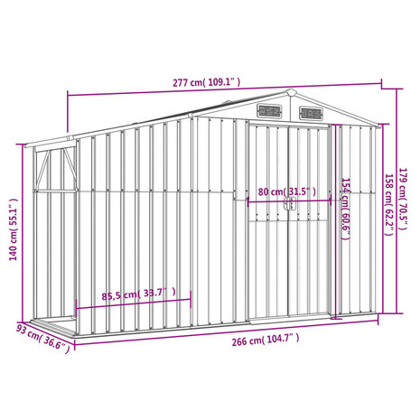 Tuinschuur 277x93x179 cm gegalvaniseerd staal grijs 8720845896744 9