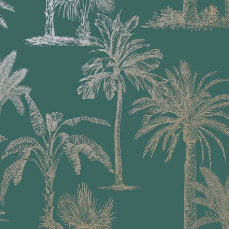 DUTCH WALLCOVERINGS Behang Tropical Trees teal en zilverkleurig 5022976128200 2