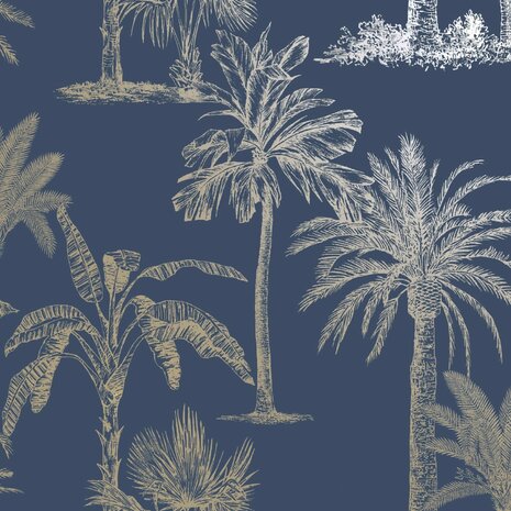 DUTCH WALLCOVERINGS Behang Tropical Trees marineblauw en zilverkleurig 5022976128217 2