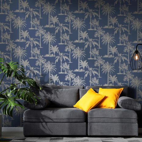 DUTCH WALLCOVERINGS Behang Tropical Trees marineblauw en zilverkleurig 5022976128217 3