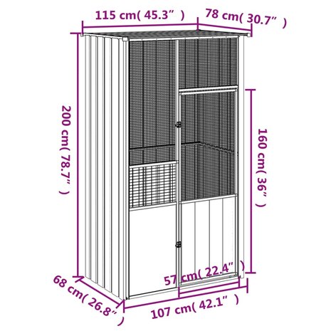 Vogelkooi 115x78x200 cm gegalvaniseerd staal antracietkleur 6