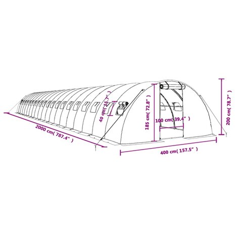 Tuinkas met stalen frame 80 m² 20x4x2 m groen 12