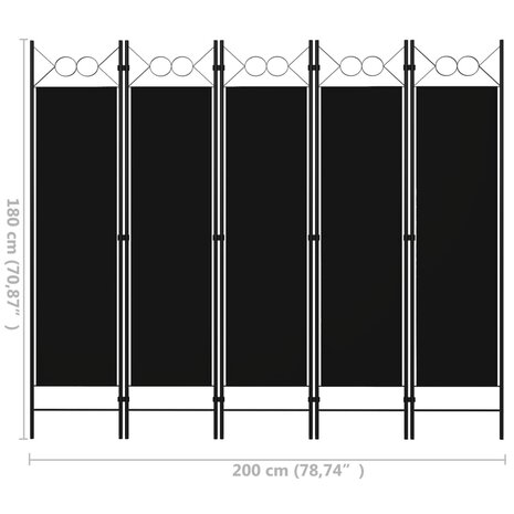 Kamerscherm met 5 panelen 200x180 cm zwart 6