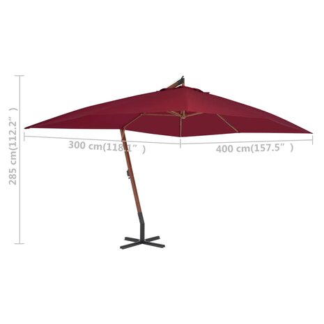 Zweefparasol met houten paal 400x300 cm bordeauxrood 5