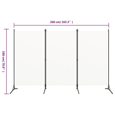 Kamerscherm met 3 panelen 260x180 cm stof wit 5