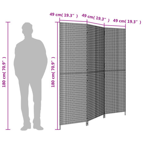 Kamerscherm 3 panelen poly rattan bruin 9