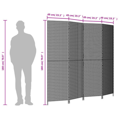 Kamerscherm 4 panelen poly rattan zwart 9