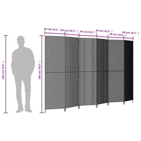 Kamerscherm 6 panelen poly rattan grijs 9