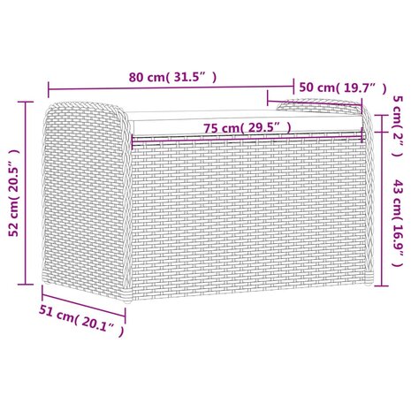 Opbergbankje met kussen 80x51x52 cm poly rattan zwart 11