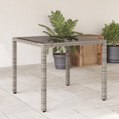 Tuintafel met glazen blad 90x90x75 cm poly rattan grijs 1